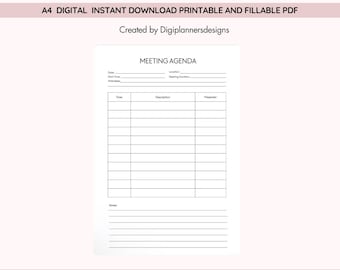 Planificador de agenda de reuniones, Plantilla de agenda de reuniones, Organizador de reuniones de negocios, Hoja de notas de agenda, Plan de reunión de equipo, Guía de reuniones de oficina