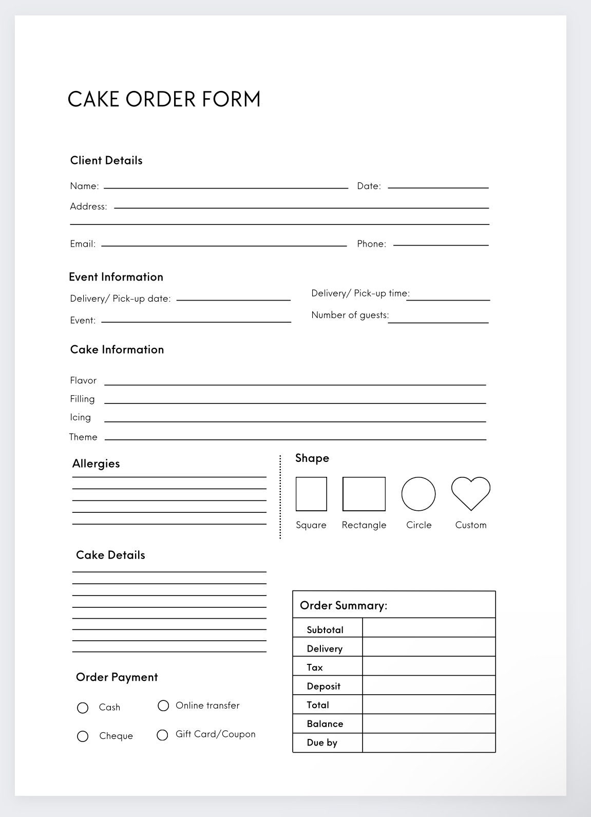 cake order form,bakery cake order form,craft order form,small