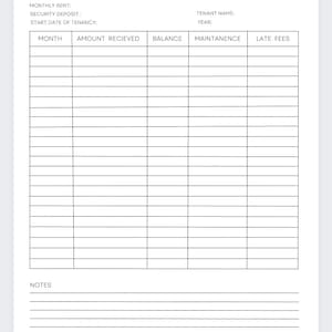May include: A black and white printable rent payment ledger with columns for month, amount received, balance, maintenance, and late fees. There are spaces for notes at the bottom of the page.