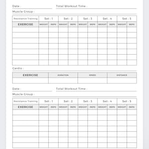 May include: A printable exercise tracker with sections for resistance training and cardio. The tracker includes fields for date, muscle group, exercise, weight, reps, duration, speed, and distance.