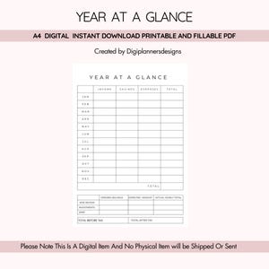 Year at a Glance Finance Overview,Annual Budget Planner,Expense Tracker,Income Tracker,Money Management Sheet,Financial Summary Log, Planner image 1