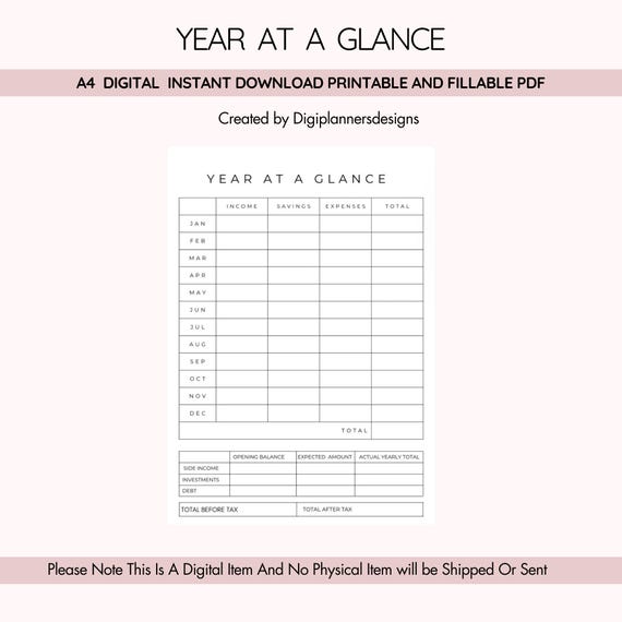 Year at a Glance Finance Overview,Annual Budget Planner,Expense Tracker,Income Tracker,Money Management Sheet,Financial Summary Log, Planner