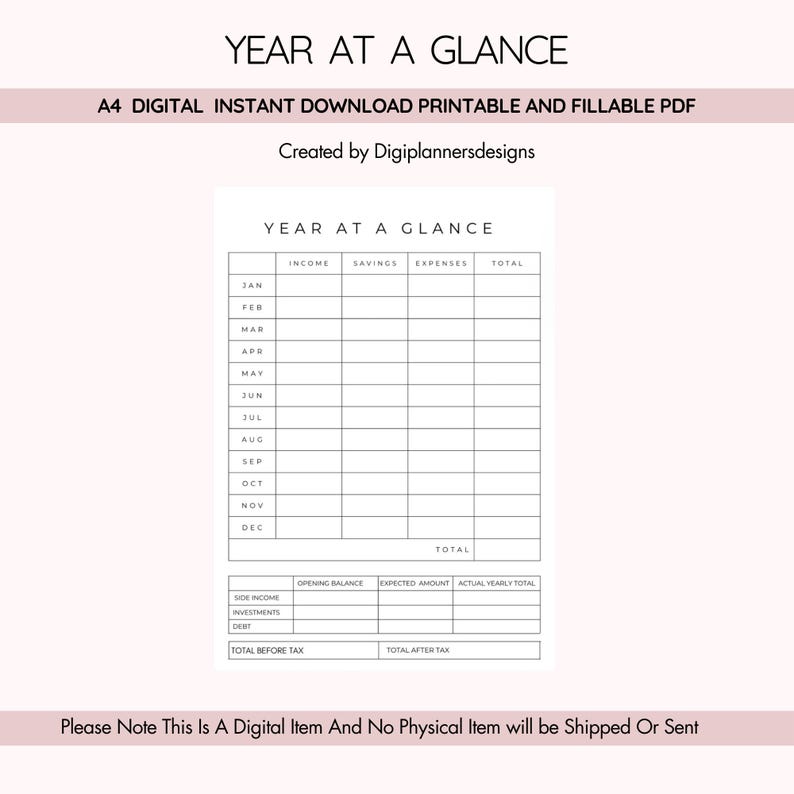 Year at a Glance Finance Overview,Annual Budget Planner,Expense Tracker,Income Tracker,Money Management Sheet,Financial Summary Log, Planner image 1