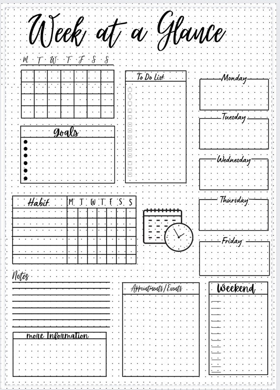 Week at a Glance, Weekly Planner,weekly Goals,happy Planner,week Overview,  Bullet Journal,bullet Planner,desk Planner,weekly Schedule 