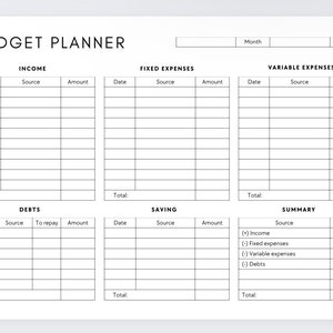 May include: A printable budget planner with sections for income, fixed expenses, variable expenses, debts, savings, and a summary. The planner has columns for date, source, amount, and total.