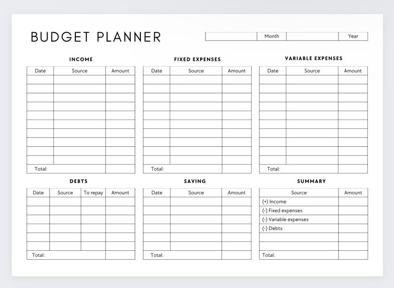 May include: A printable budget planner with sections for income, fixed expenses, variable expenses, debts, savings, and a summary. The planner has columns for date, source, amount, and total.