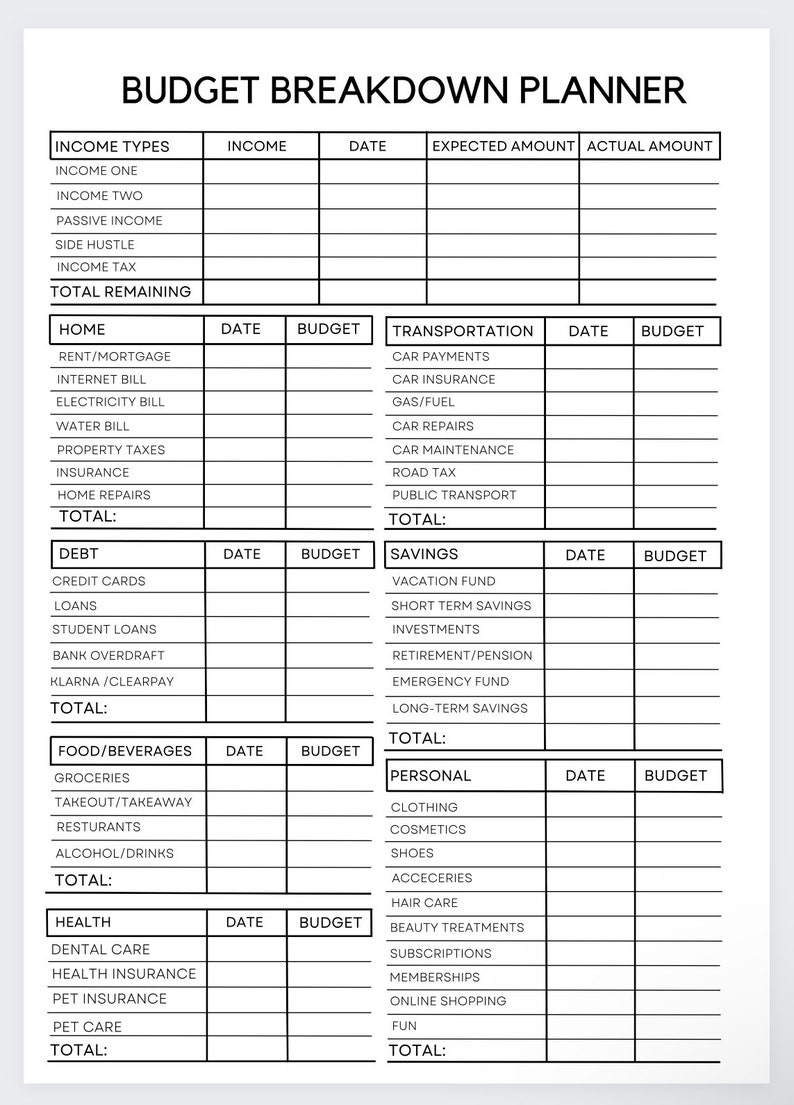 May include: A printable budget breakdown planner with categories for income, home, debt, food and beverages, health, transportation, savings, and personal expenses. Each category has columns for date, budget, and total.