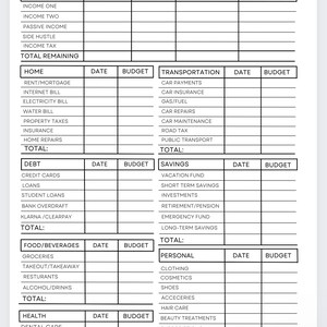 May include: A printable budget breakdown planner with categories for income, home, debt, food and beverages, health, transportation, savings, and personal expenses. Each category has columns for date, budget, and total.