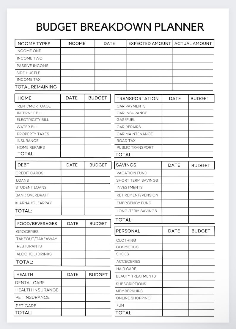 May include: A printable budget breakdown planner with categories for income, home, debt, food and beverages, health, transportation, savings, and personal expenses. Each category has columns for date, budget, and total.