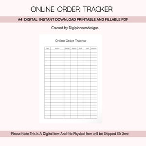Afdrukbare pdf met online ordertracker, logboek voor aankooptracking, blad met bestellingen voor kleine bedrijven, organisator winkelbestelling, verkooprecord, aankooporder