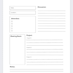 Pu&ograve; includere: Un modello di agenda di riunione in bianco e nero con sezioni per data, luogo, partecipanti, sala riunioni, progetto, discussione e note.