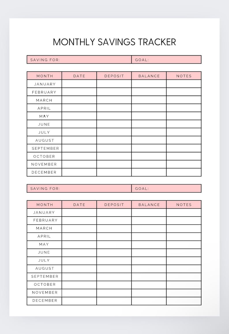 May include: A printable monthly savings tracker with two sections for tracking savings goals. Each section has columns for month, date, deposit, balance, and notes.