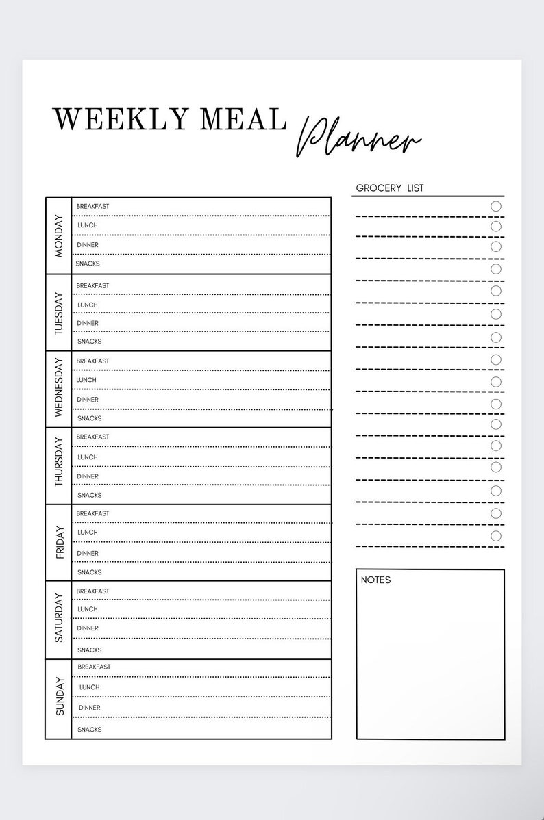 Weekly Meal Planner Grocery Listmeal Planning Templatemeal - Etsy