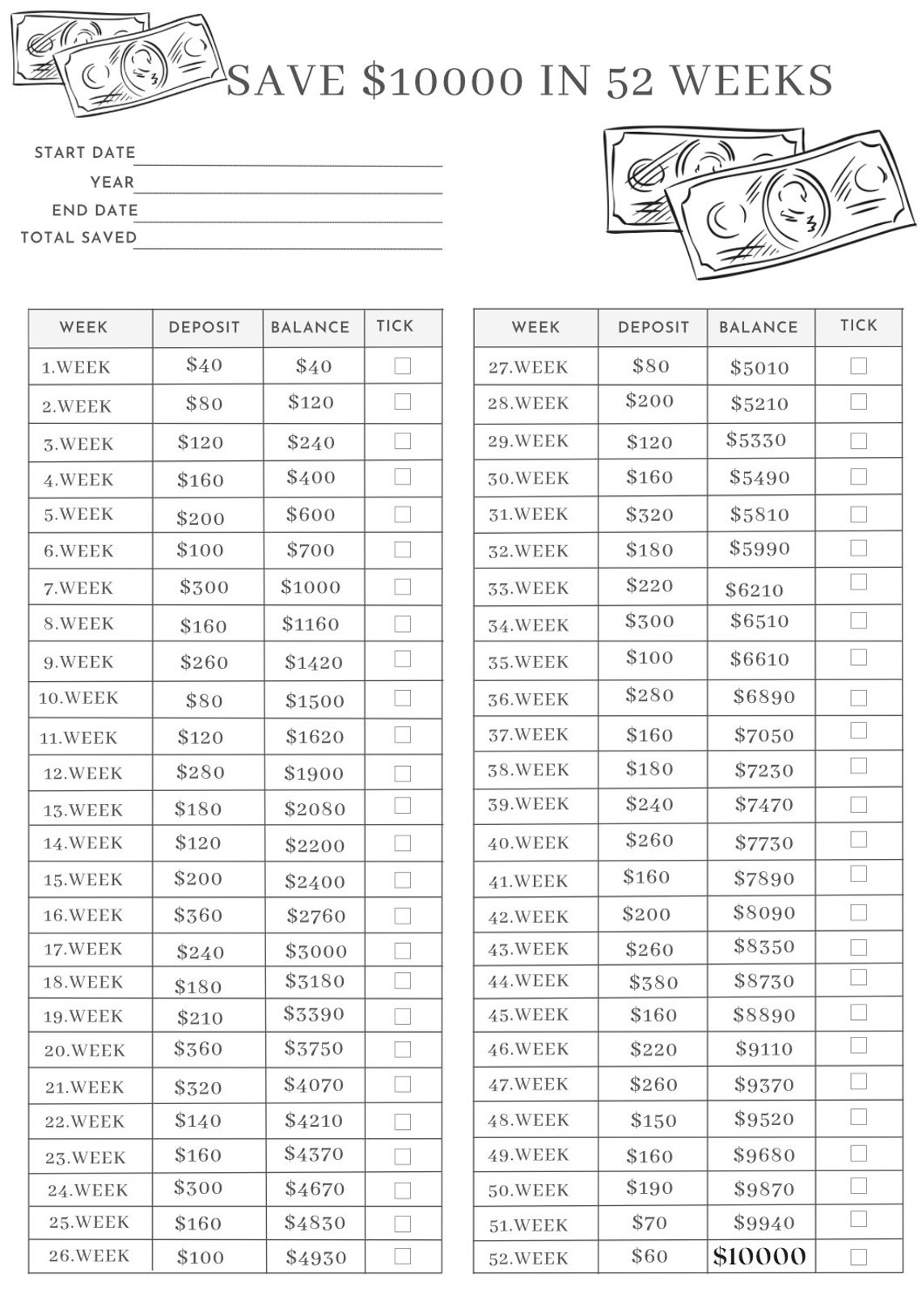 Save 10000 in 52 Weeks Money Challenge52 Week Saving - Etsy
