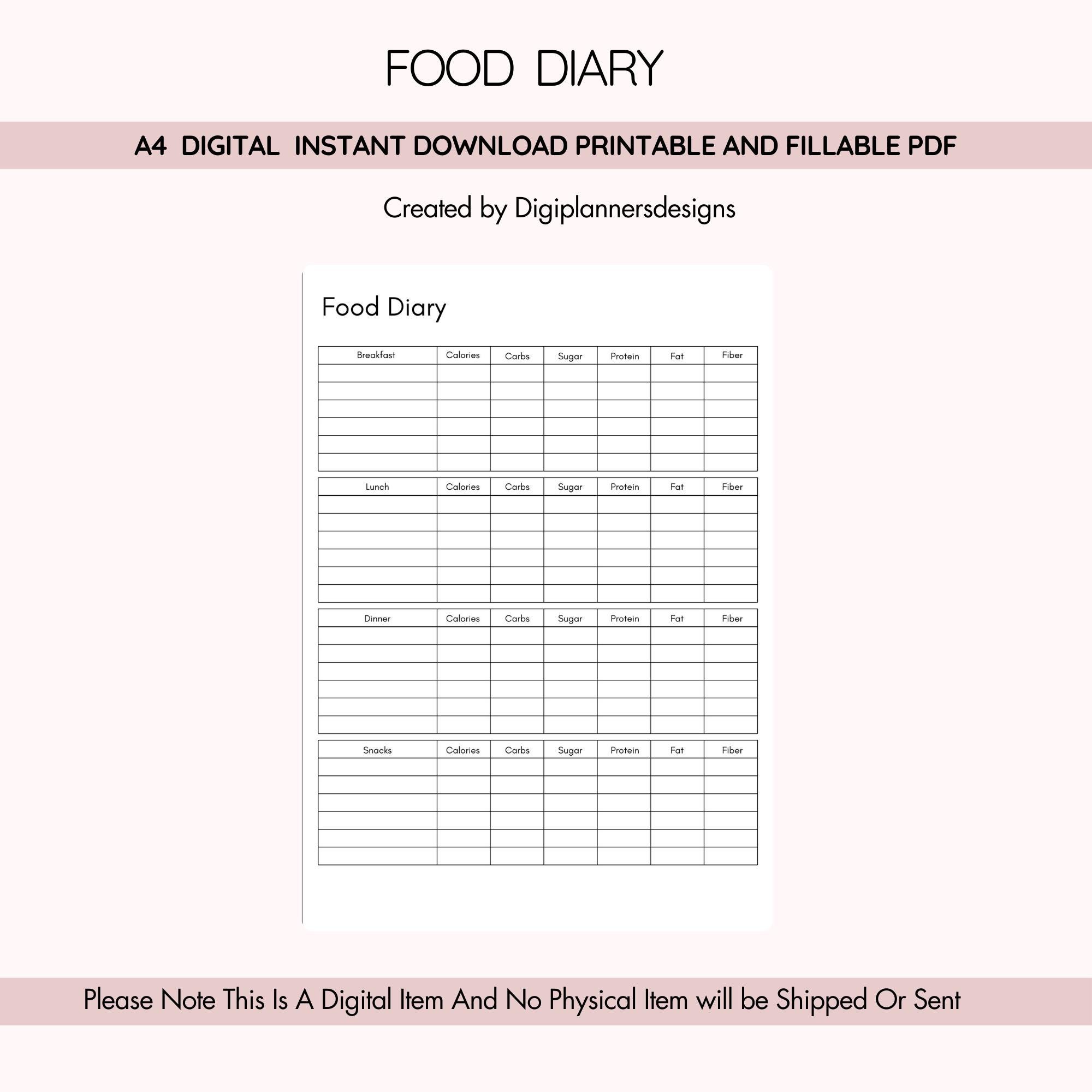 Food Diary Printable, Daily Food Log, Meal Tracker, Breakfast Lunch ...
