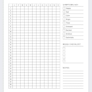 May include: A black and white printable mood tracker with a grid for each day of the month. The tracker includes a section for symptoms key and mood checklist.