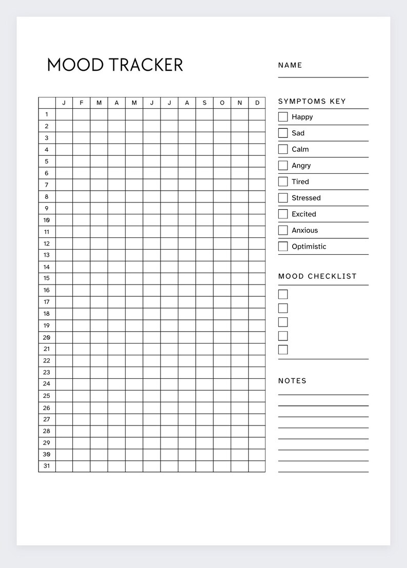 May include: A black and white printable mood tracker with a grid for each day of the month. The tracker includes a section for symptoms key and mood checklist.