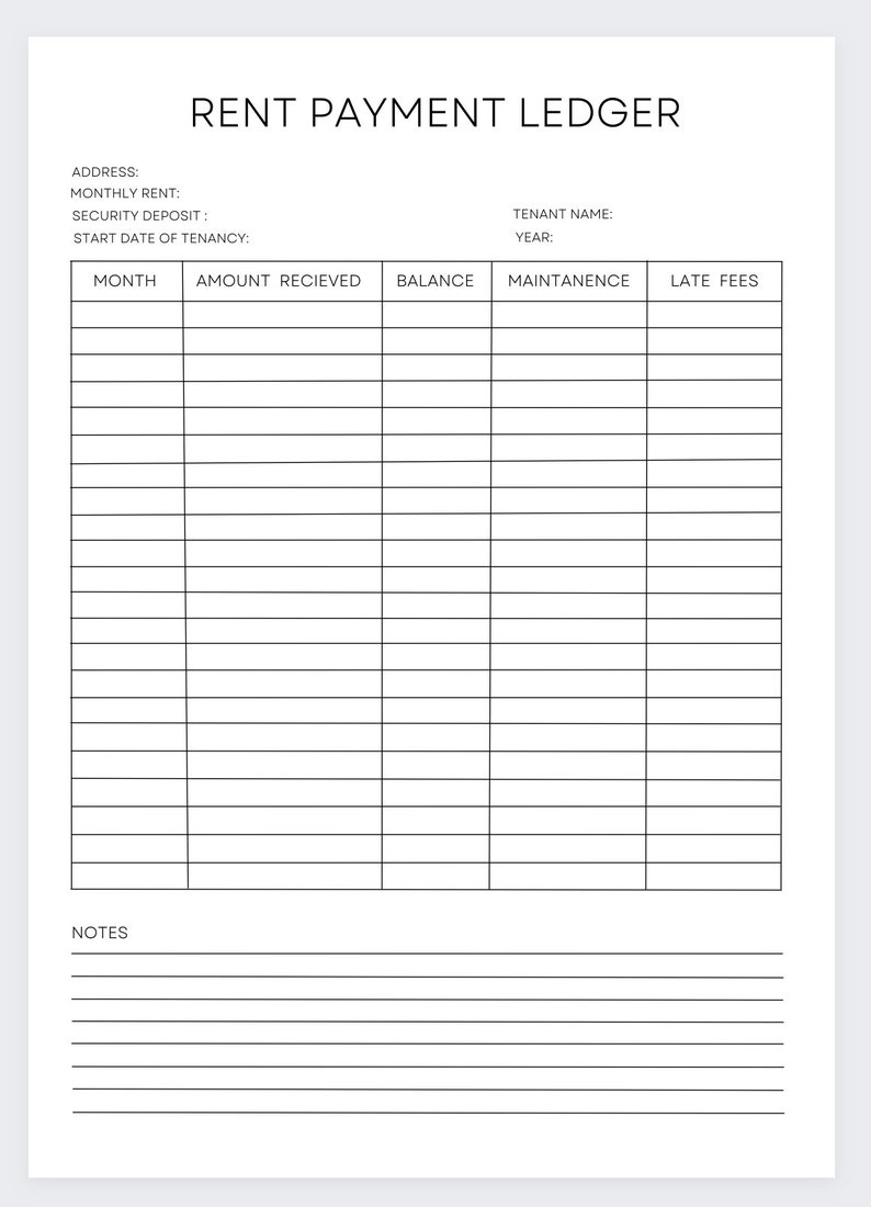 May include: A black and white printable rent payment ledger with columns for month, amount received, balance, maintenance, and late fees. The ledger also includes spaces for address, monthly rent, security deposit, start date of tenancy, tenant name, and year. There is also a section for notes.