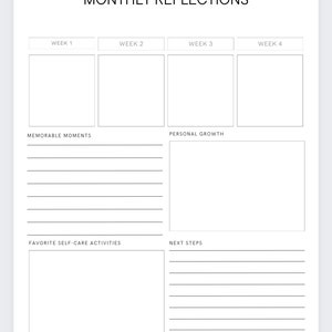 Op de afbeelding: Een printbare maandelijkse reflectieplanner met secties voor elke week, gedenkwaardige momenten, persoonlijke groei, favoriete zelfzorgactiviteiten en volgende stappen.