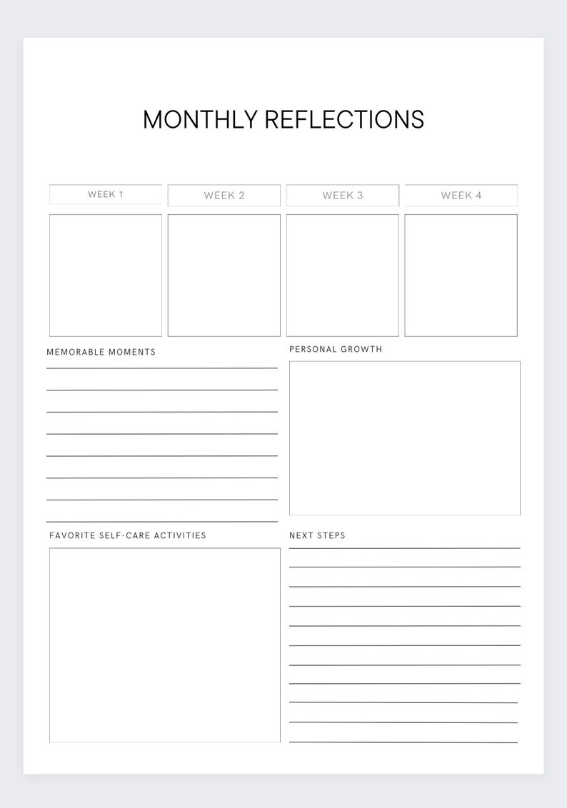 Op de afbeelding: Een printbare maandelijkse reflectieplanner met secties voor elke week, gedenkwaardige momenten, persoonlijke groei, favoriete zelfzorgactiviteiten en volgende stappen.