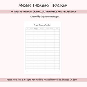 May include: A digital printable titled "Anger Triggers Tracker." The document includes a table with columns for date, trigger, intensity, reaction, coping strategy, and notes. The text "A4 Digital Instant Download Printable and Fillable PDF" is also visible.
