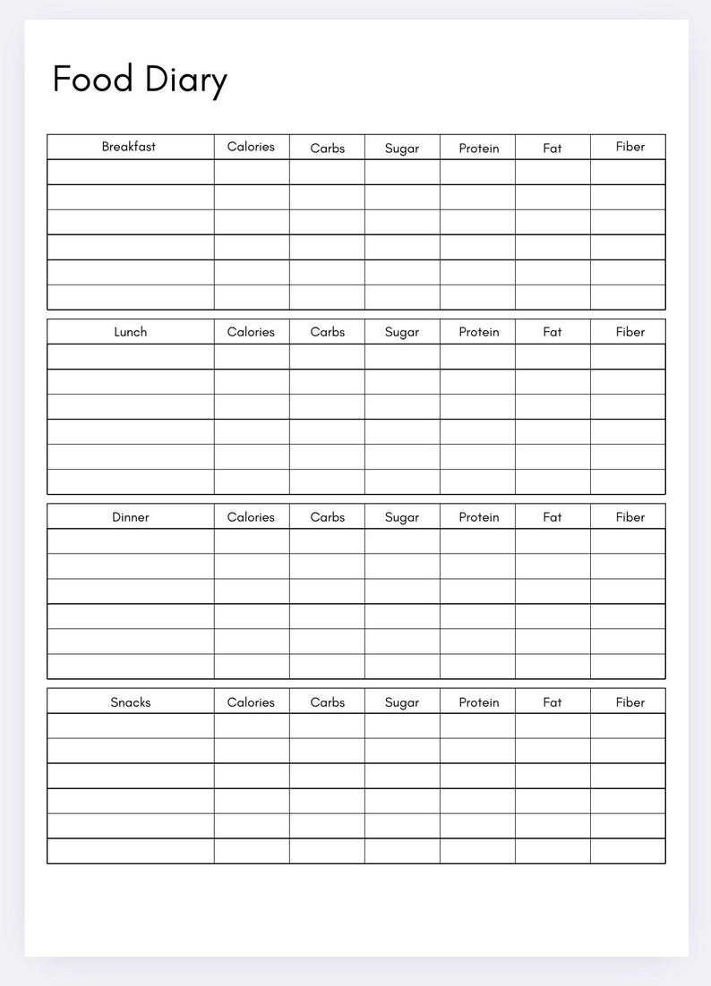 Food Diary Printable, Daily Food Log, Meal Tracker, Breakfast Lunch ...