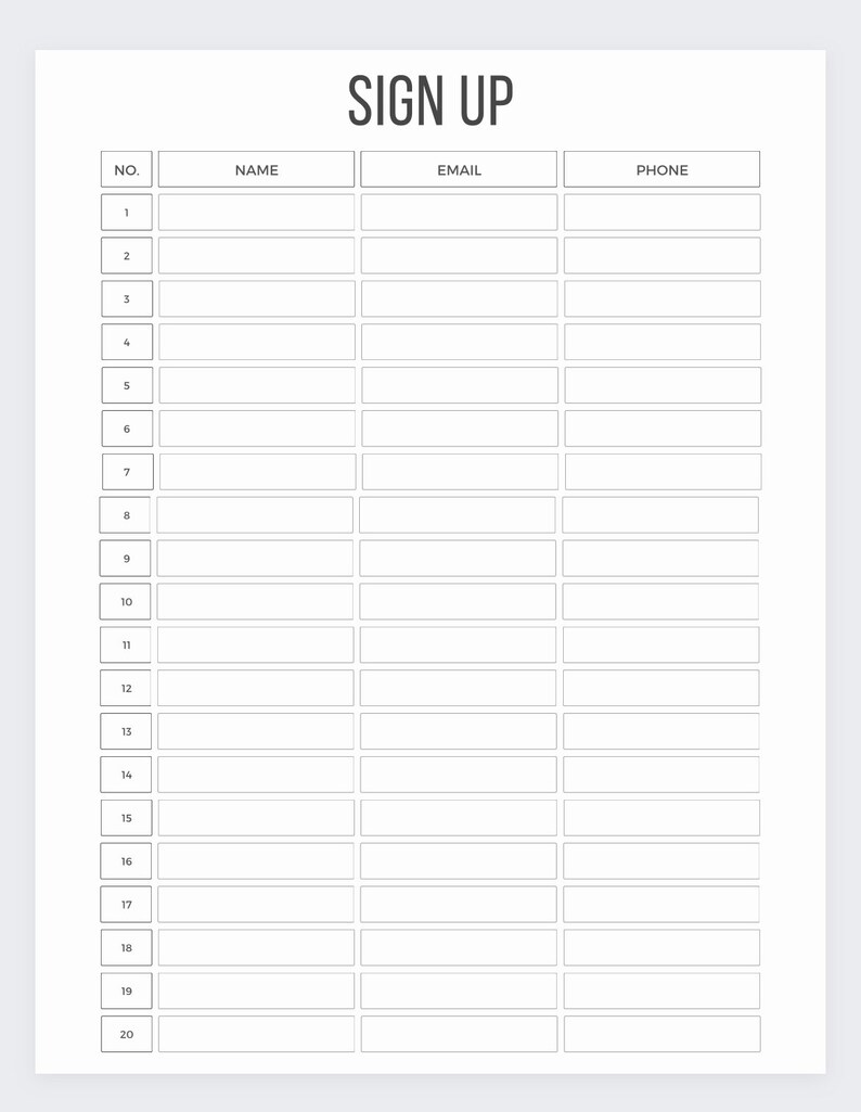 Sign up Sheet,minimalistic Sign up Sheet,email Sheet,sign in Sheet