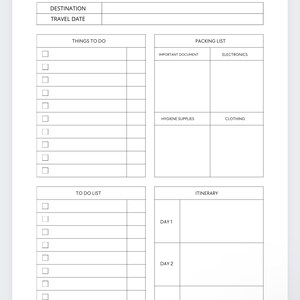 Pu&ograve; includere: Un elenco di controllo di viaggio stampabile con sezioni per la destinazione, la data di viaggio, le cose da fare, la lista di imballaggio, la lista di cose da fare e l'itinerario. La lista di imballaggio include categorie per documenti importanti, elettronica, articoli da toeletta e abbigliamento. L'itinerario include sezioni per il giorno 1, il giorno 2 e il giorno 3.