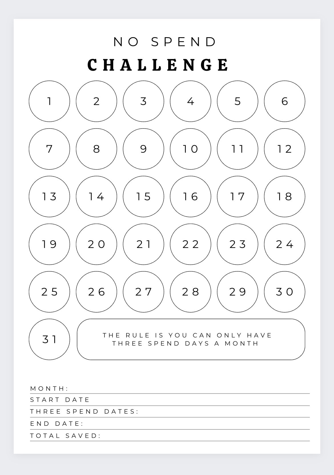 No Spend Month Challengespending No Spend Tracker Savings Etsy