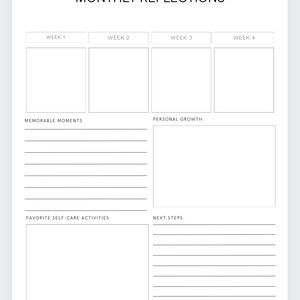 Op de afbeelding: Een printbare maandelijkse reflectieplanner met secties voor gedenkwaardige momenten, persoonlijke groei, favoriete zelfzorgactiviteiten en volgende stappen. De planner is verdeeld in vier weken.