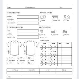 May include: A black and white T-shirt order form with sections for order information, customer information, delivery method, payment method, and shirt details. The form includes fields for order number, date, name, address, email, phone, shipping address, shipping date, shipping tracking, adult and youth sizes, quantity, color, and notes. The form also includes checkboxes for short sleeve, long sleeve, pocket(s), 100% cotton, poly blend, sweatshirt, unisex, women, and hoodie.