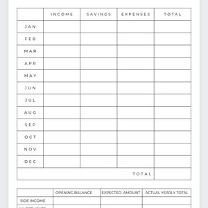 May include: A printable year-at-a-glance budget planner with sections for income, savings, expenses, and totals. It includes a monthly breakdown from January to December, as well as sections for side income, investments, debt, total before tax, and total after tax.