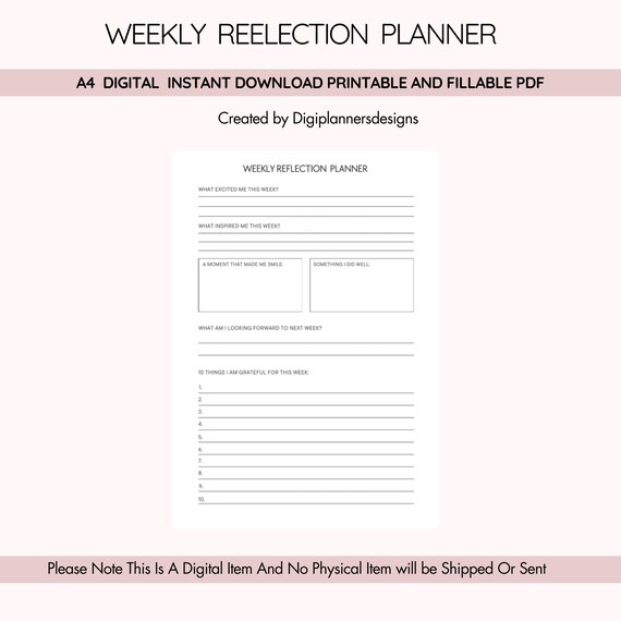 Weekly Reflection Planner, Weekly Review Journal, Personal Growth Planner, Goal Review Tracker, Mindfulness Journal, Self Reflection Log
