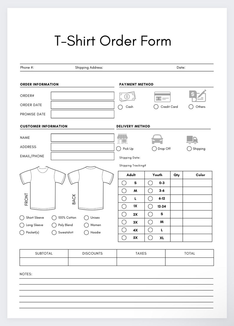 May include: A black and white T-shirt order form with sections for order information, customer information, delivery method, payment method, and shirt details. The form includes fields for order number, date, name, address, email, phone, shipping address, shipping date, shipping tracking, adult and youth sizes, quantity, color, and notes.