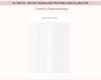Bill Tracker, Monthly Bill Tracker, Bill Payment Planner, Expense Log, Budget Planner, Household Finance Organizer, Due Date Reminder Sheet
