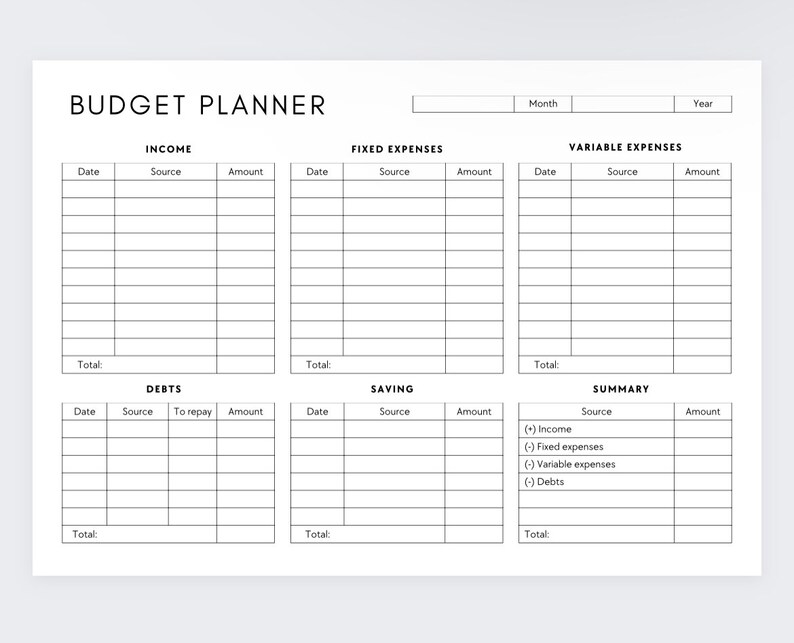 May include: A printable budget planner worksheet with sections for income, fixed expenses, variable expenses, debts, savings, and a summary. The worksheet includes columns for date, source, amount, and total.