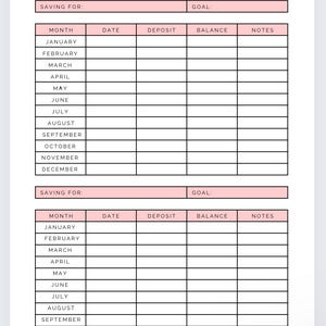 May include: A printable monthly savings tracker with two sections for tracking savings goals. Each section has columns for month, date, deposit, balance, and notes.