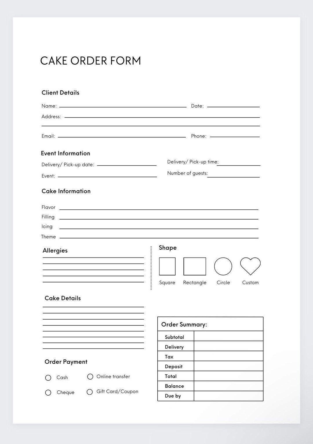 Cake Order Form,bakery Cake Order Form,craft Order Form,small Business ...