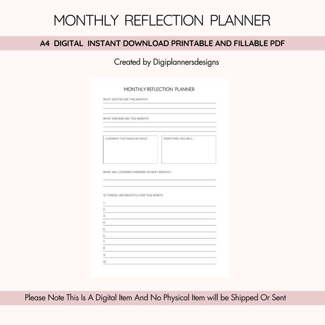 Monthly Reflection Planner, Monthly Review Journal, Self Reflection Log, Personal Growth Tracker ...