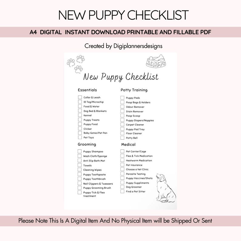 Welpen Checkliste,Welpen Liste,Welpen Planer,Welpen Tracker,Hund Checkliste,Hunde Mama,Neue Welpen Essentials,Tierpflege Planer, Haustier Planer,Hunde Tracker Bild 1
