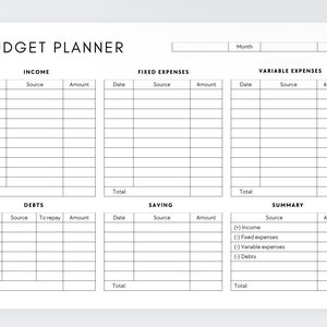 May include: A black and white printable budget planner with sections for income, fixed expenses, variable expenses, debts, savings, and a summary. The planner includes columns for date, source, amount, and total.