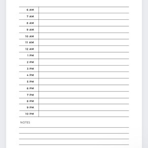 Puede incluir: Un planificador diario en blanco y negro con el texto "DAILY PLANNER" en la parte superior y "TODAY:" en la parte superior derecha. El planificador tiene una columna para cada hora del d&iacute;a, de 6 AM a 10 PM, y una secci&oacute;n para notas en la parte inferior.