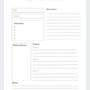 Pu&ograve; includere: Un modello di agenda di riunione in bianco e nero con sezioni per data, luogo, partecipanti, discussione, progetto, sala riunioni e note.