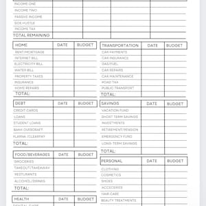 May include: A printable budget breakdown planner with categories for income, home, debt, food and beverages, health, transportation, savings, and personal expenses. Each category has columns for date, budget, and total.
