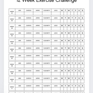 Puede incluir: Un gr&aacute;fico en blanco y negro del Desaf&iacute;o de Ejercicio de 12 Semanas. El gr&aacute;fico se divide en 12 semanas, con secciones para ejercicios de ABS, CARDIO, BRAZOS, FLEXIBILIDAD y PIERNAS. Cada semana tiene un espacio para marcar los d&iacute;as de la semana.