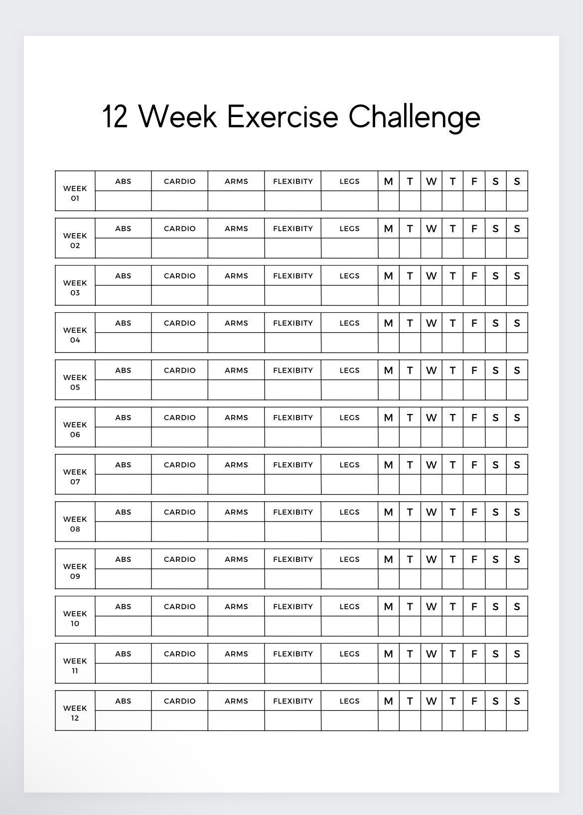 12 Week Exercise Challenge,workout Tracker,fitness Log,workbook Log ...