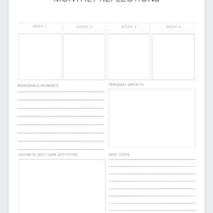 Op de afbeelding: Een printbare maandelijkse reflectieplanner met secties voor gedenkwaardige momenten, persoonlijke groei, favoriete zelfzorgactiviteiten en volgende stappen. De planner is verdeeld in vier weken.