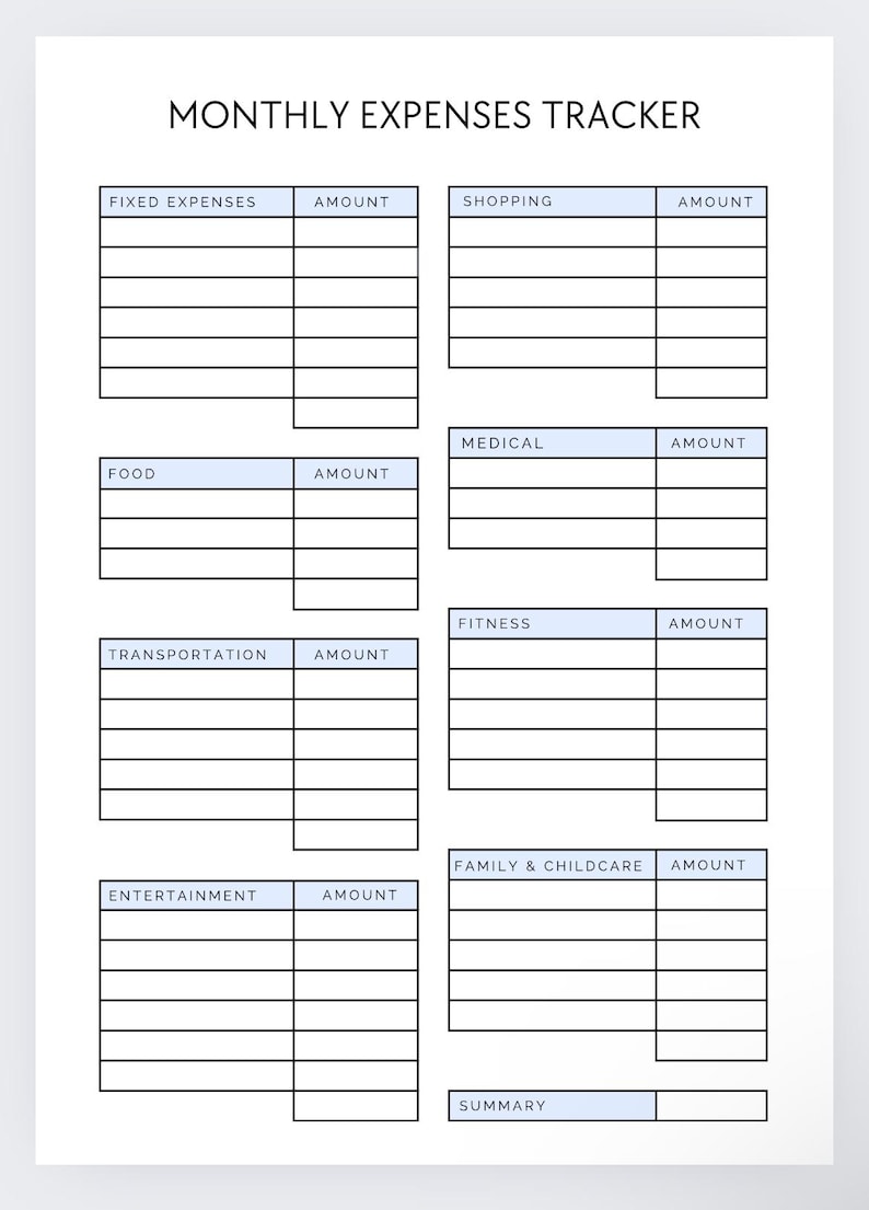 Baby Blue Monthly Expense Tracker, Monthly Budget Planner, Expense Log