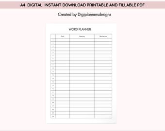 Printable Vocabulary List, Word Planner, Vocabulary Tracker, Language Learning Planner, Study Organizer, Word List Tracker, Spelling list