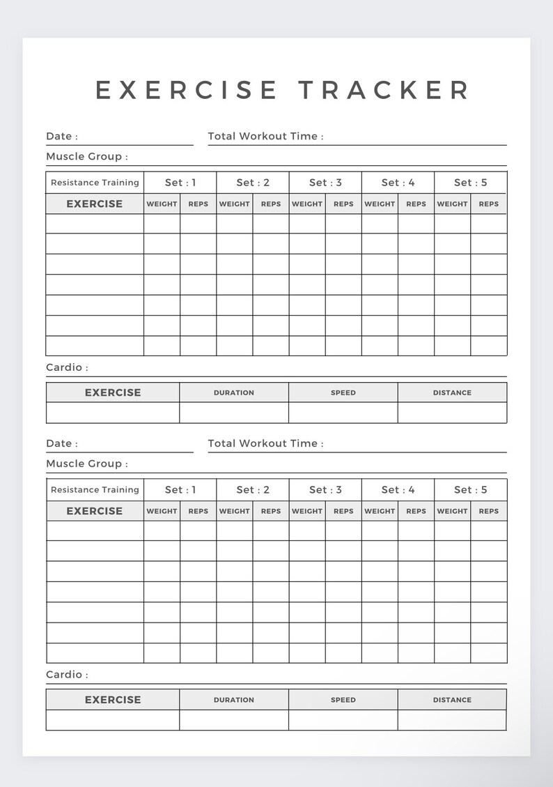 May include: A printable exercise tracker with sections for resistance training and cardio. The tracker includes fields for date, muscle group, exercise, sets, weight, reps, duration, speed, and distance.